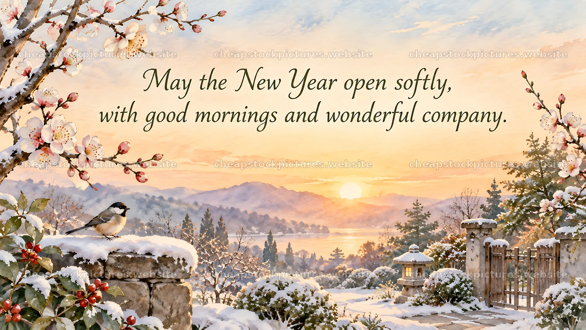 New Year Greeting Over a Snowy Sunrise Garden – stock pictures 10324x5812