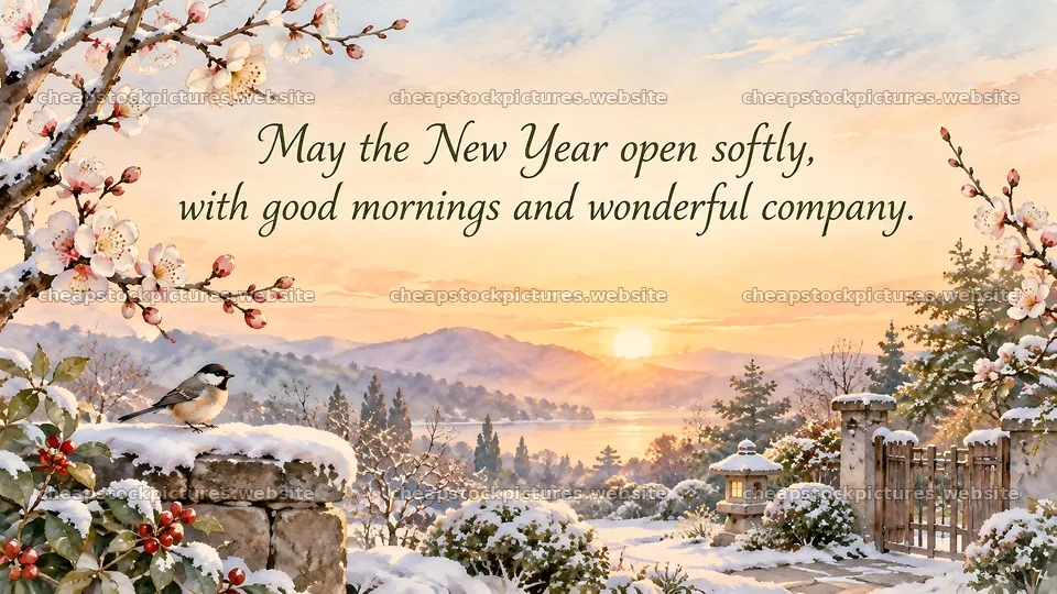 New Year Greeting Over a Snowy Sunrise Garden – stock pictures 10324x5812