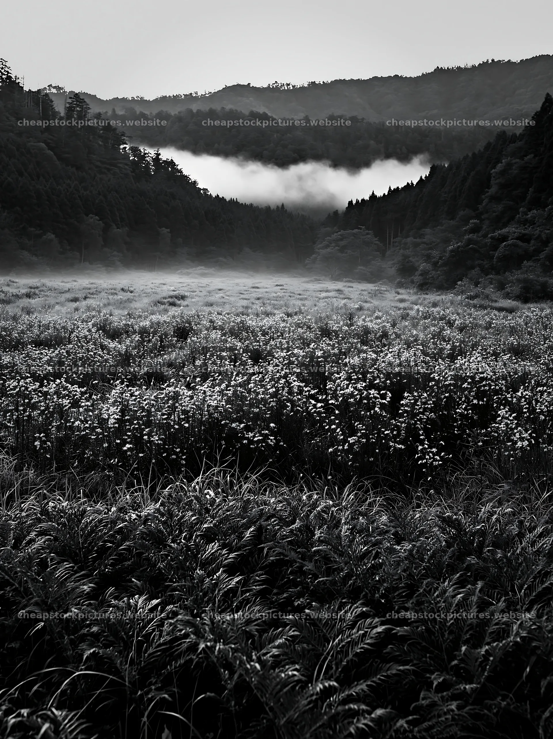 Tokushima mountain meadow with fern fronds in foreground – stock pictures 6866x9174