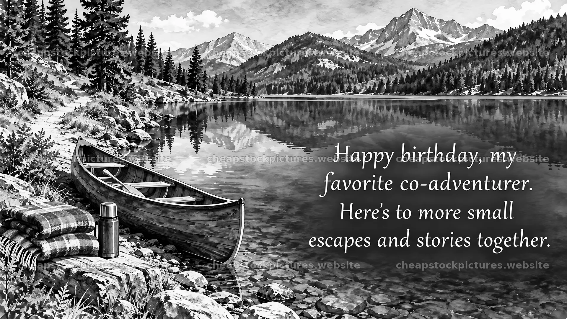 Monochrome Birthday Greeting by a Mountain Lake – stock pictures 10324x5812