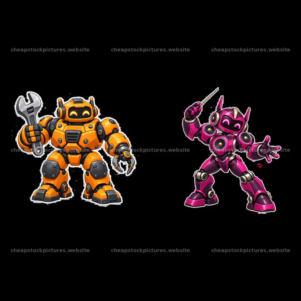 Colorful mech robots in dynamic poses with tools and accessories – stock pictures 7746x7746
