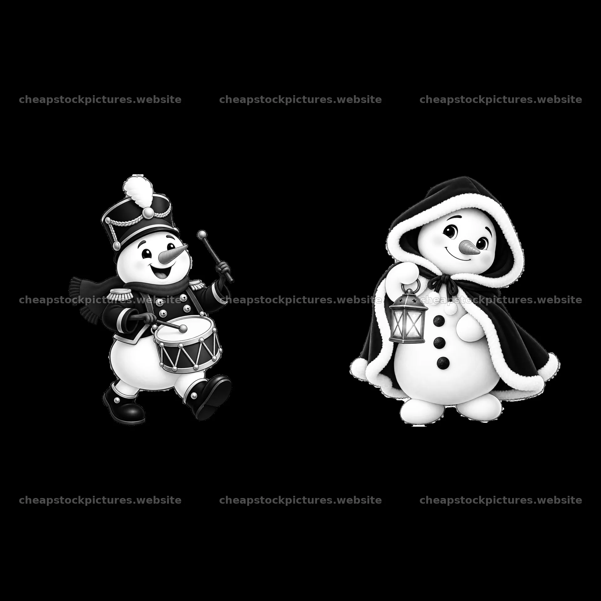 Snowman drummer and snowman with lantern in monochrome design – stock pictures 7746x7746