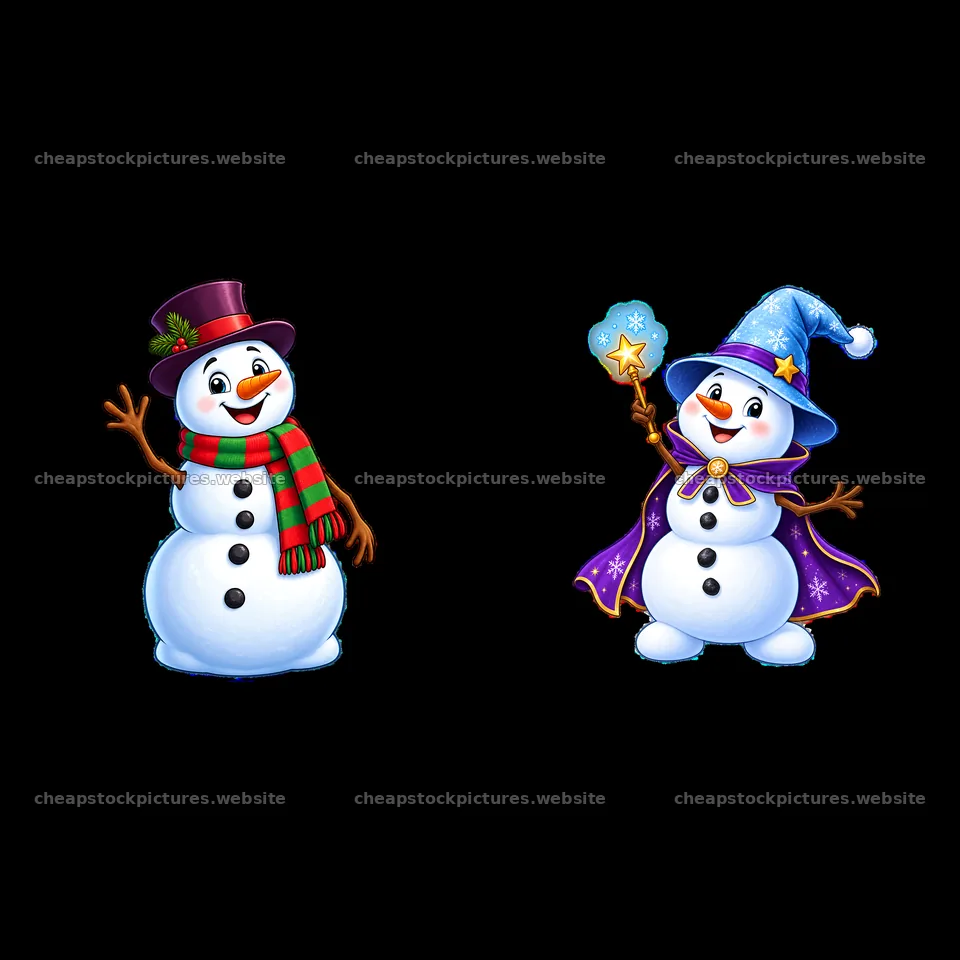 Winter snowman couple in festive hats and scarves – stock pictures 7746x7746