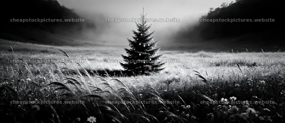 Vibrant Christmas tree stands in misty meadow – stock pictures 12094x5210