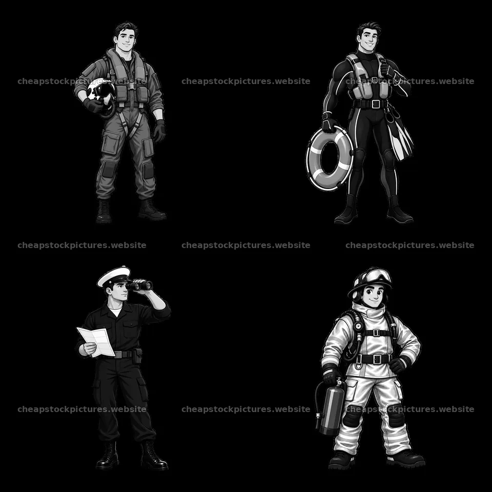Four cartoon characters in various roles on an aircraft carrier – stock pictures 7746x7746