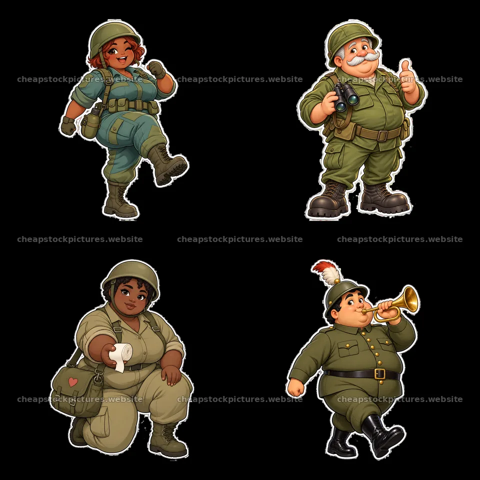 Cute ultra-chubby soldier cartoon sticker illustration set – stock pictures 7746x7746