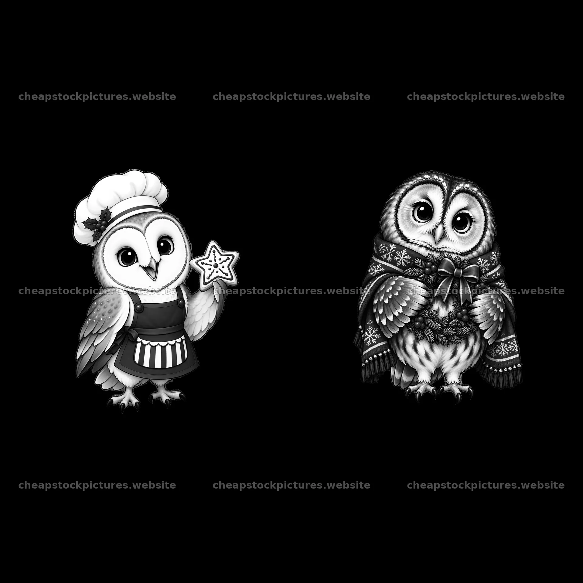 Owl characters celebrating Christmas in black and white – stock pictures 7746x7746