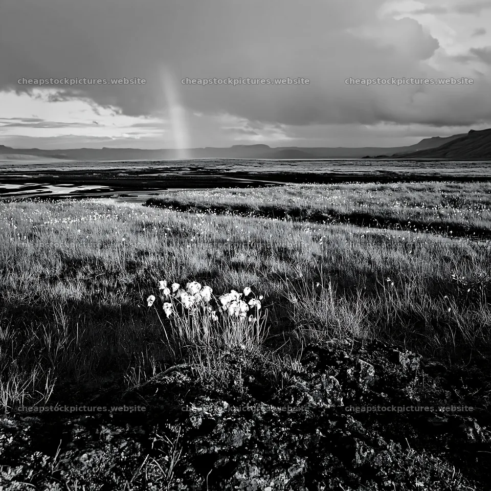 Cottongrass meadow under cloudy sky with rainbow – stock pictures 7938x7938