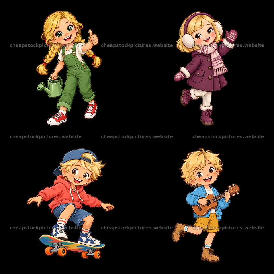Blond child characters engaged in various activities and outfits – stock pictures 7746x7746