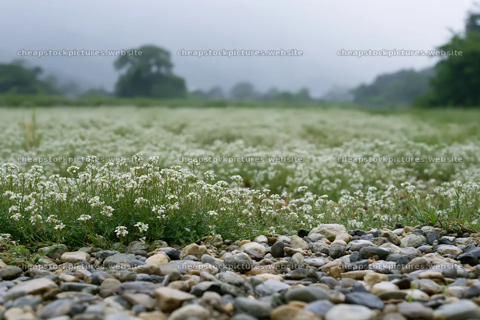 Kyoto spring wildflower meadow with stone foreground – stock pictures 9722x6480
