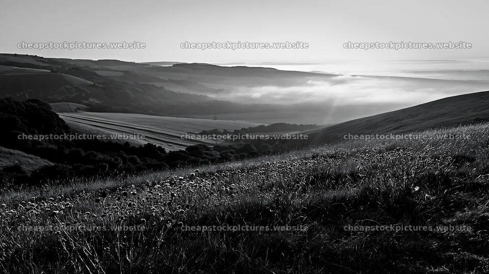 Sunny chalk meadow landscape with hills and fog – stock pictures 10608x5938