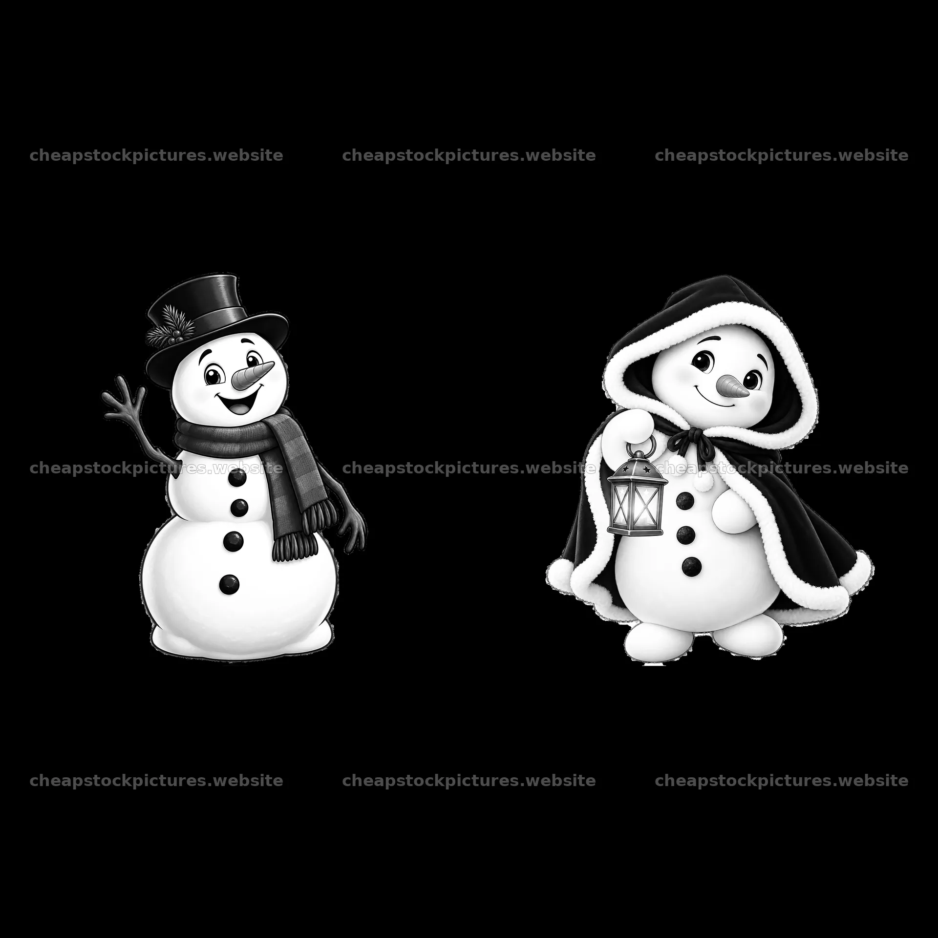 Snowman greeting and snowman with lantern in black and white – stock pictures 7746x7746