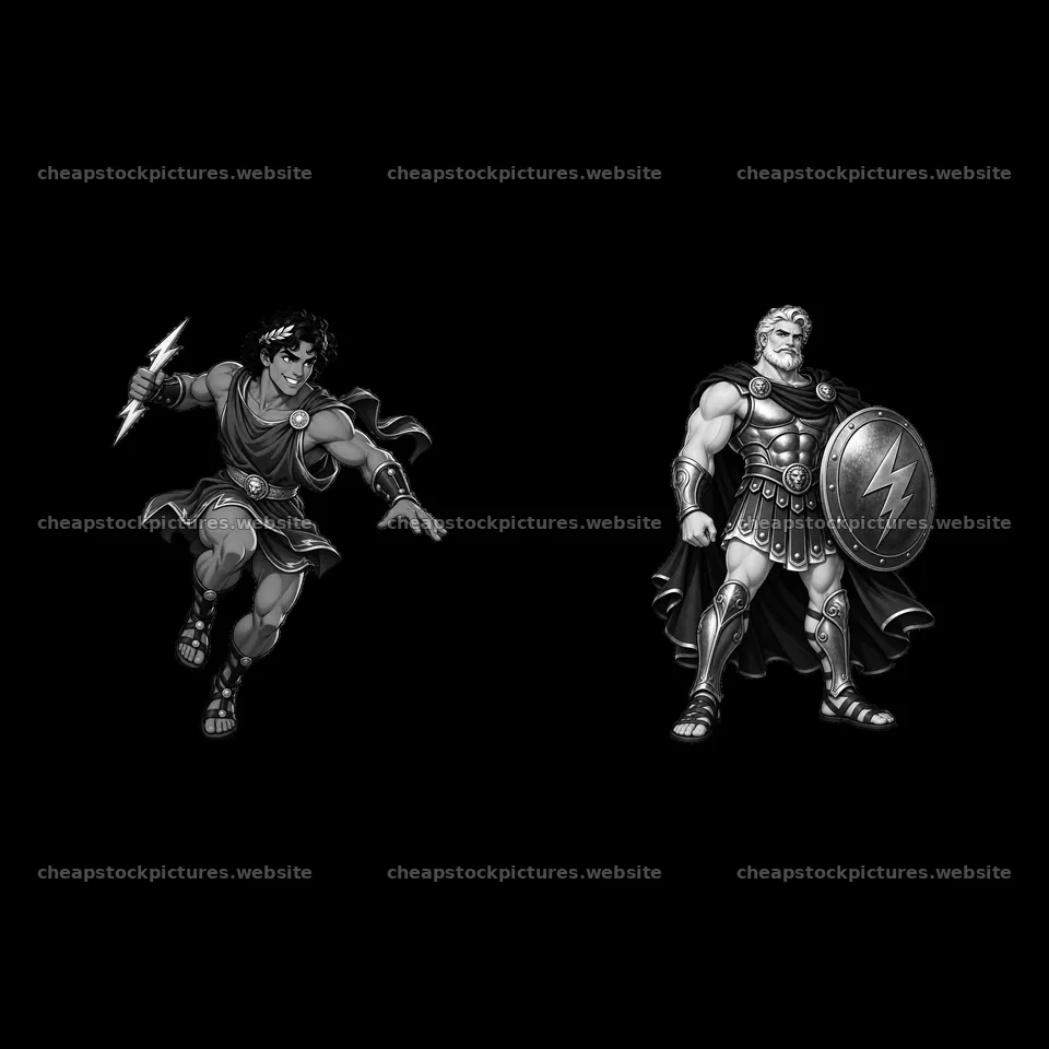 Cartoon sticker of Zeus and Hercules in action poses – stock pictures 7746x7746