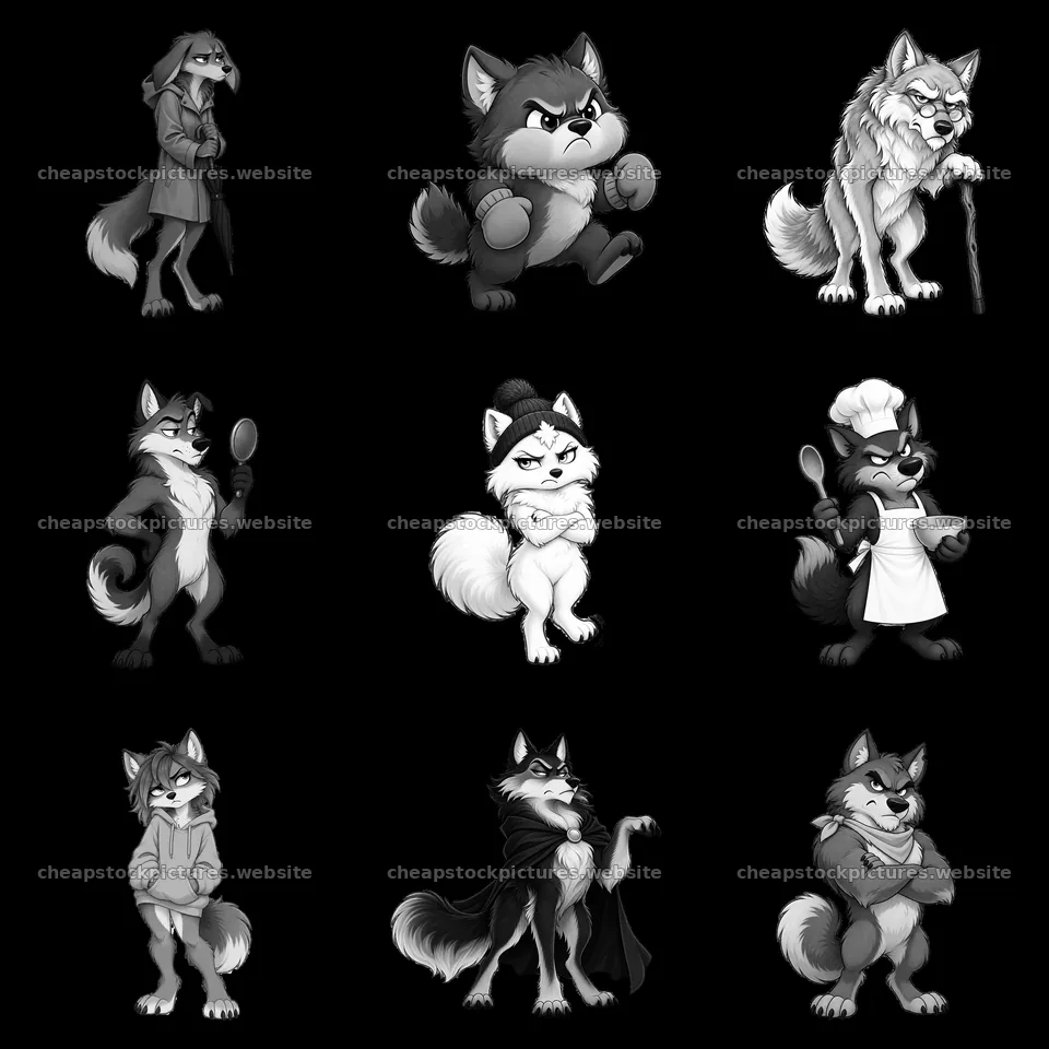 Grumpy wolf cartoon sticker set in a 3x3 arrangement – stock pictures 7746x7746