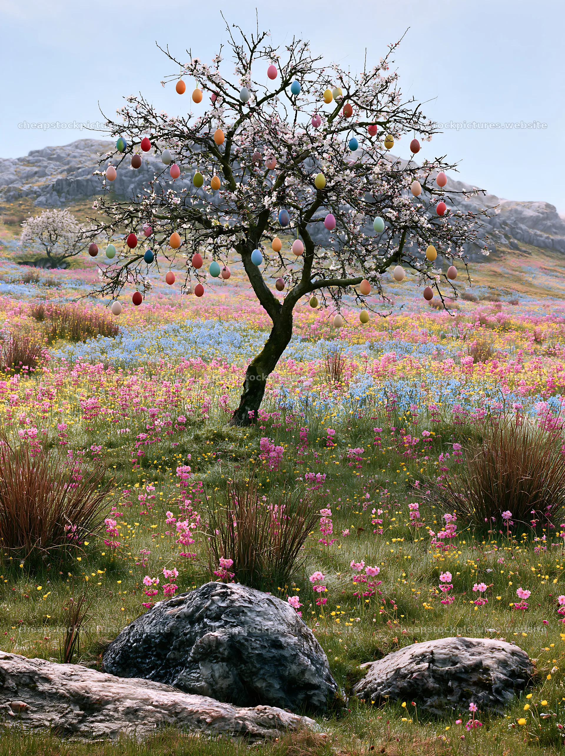Colorful eggs hanging on a tree in a meadow – stock pictures 6866x9174