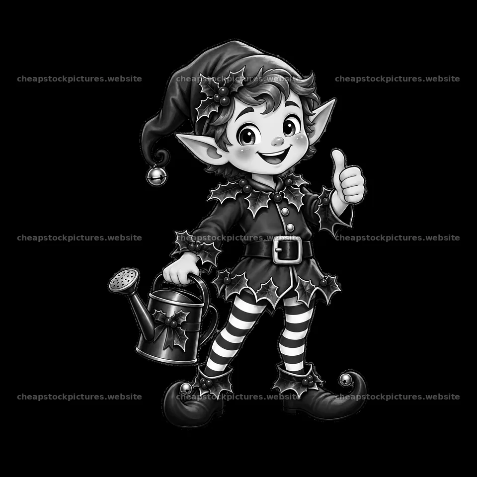 Christmas elf giving thumbs up while holding a watering can – stock pictures 7746x7746