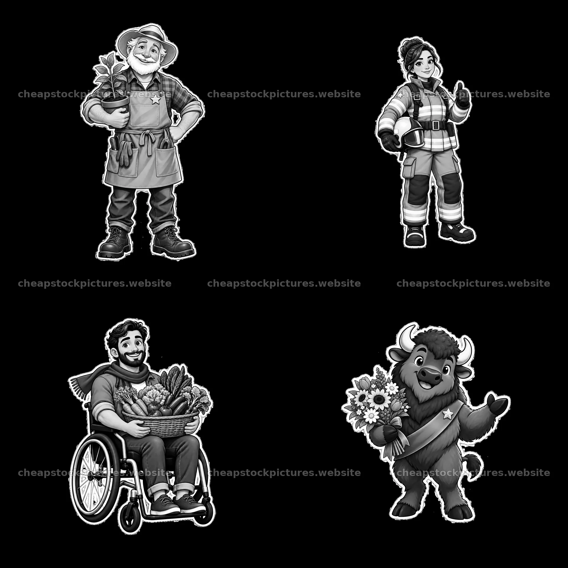 Patriots in action: a farmer, firefighter, gardener, and bison – stock pictures 7746x7746