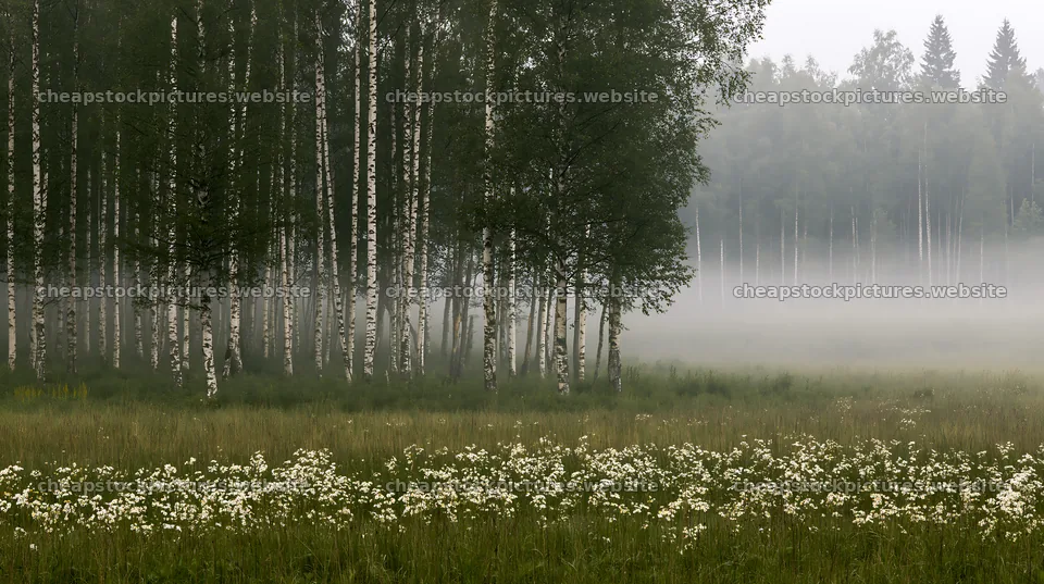 Birch forest meadow with flowers and fog at early morning – stock pictures 10608x5938