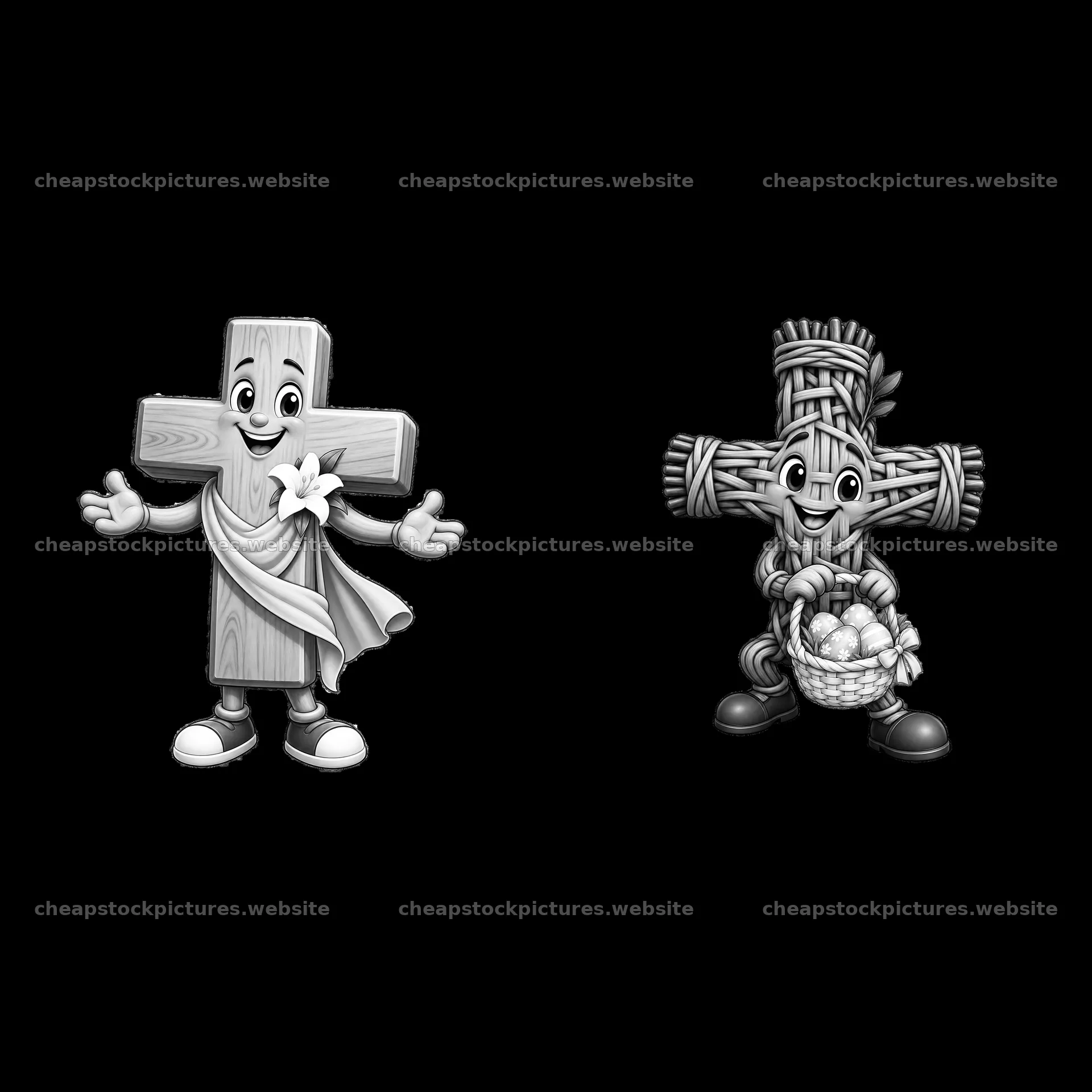 Easter cross characters with basket and flower illustration – stock pictures 7746x7746