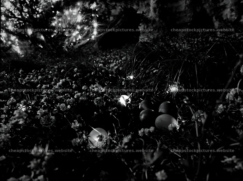 Christmas tree in meadow near cave at dusk – stock pictures 9174x6866