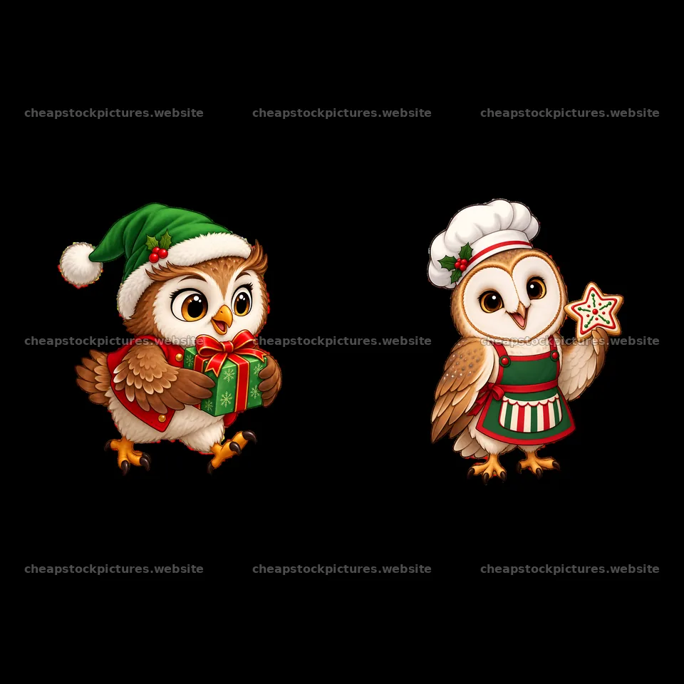 Christmas owls wearing hats and holding gifts in festive attire – stock pictures 7746x7746