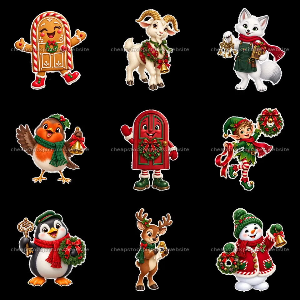 Christmas characters by the door in a festive arrangement – stock pictures 7746x7746