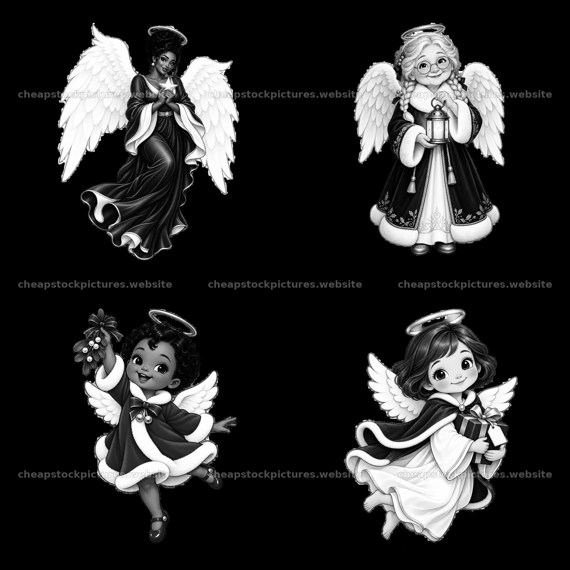Four Christmas angel cartoon stickers in a 2x2 arrangement – stock pictures 7746x7746