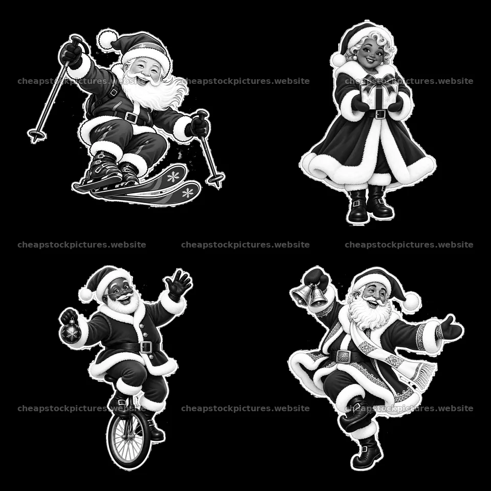 Santa Claus characters engaging in winter activities – stock pictures 7746x7746