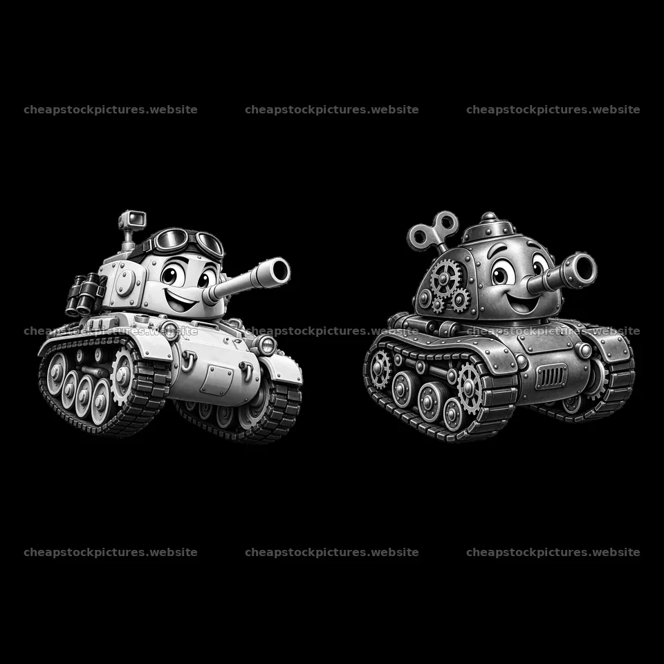 Friendly cartoon tanks with happy faces and unique features – stock pictures 7746x7746