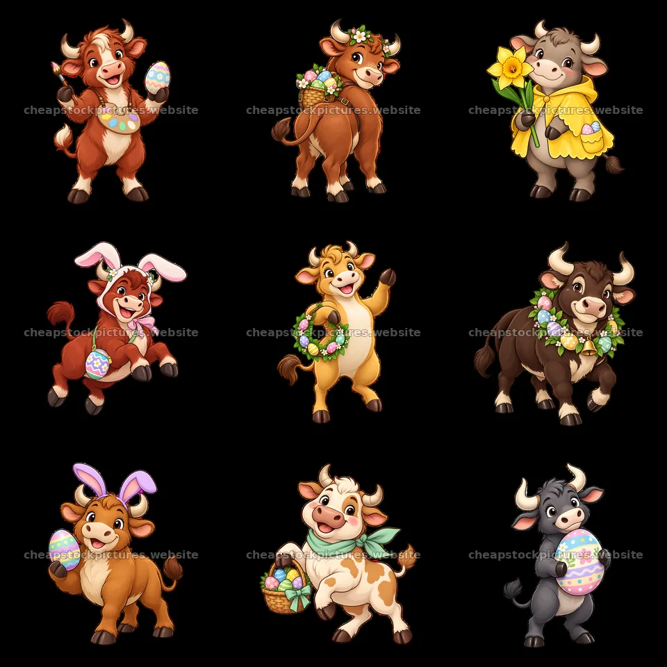 Easter ox characters with festive accessories in a grid layout – stock pictures 7746x7746