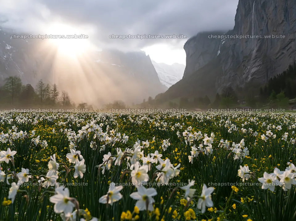 Lauterbrunnen Valley meadow with light rays and daffodils – stock pictures 9174x6866