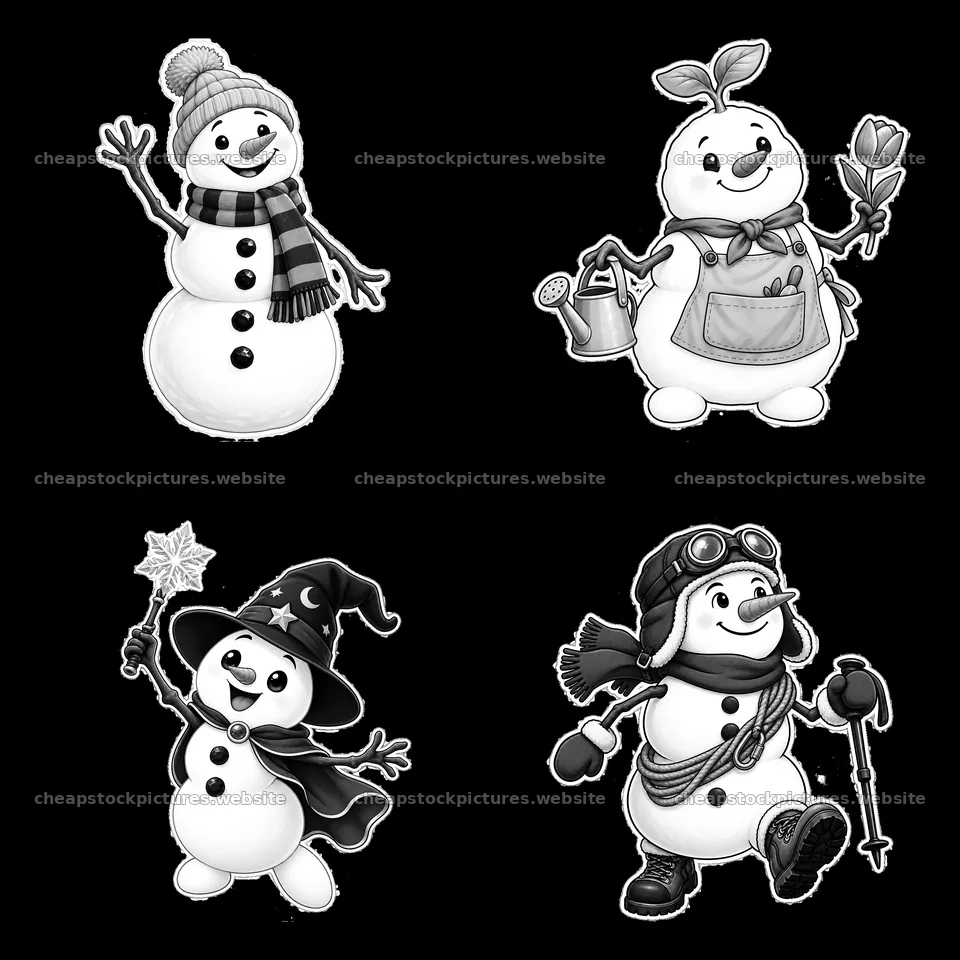 Snowman characters engaged in different activities in monochrome – stock pictures 7746x7746