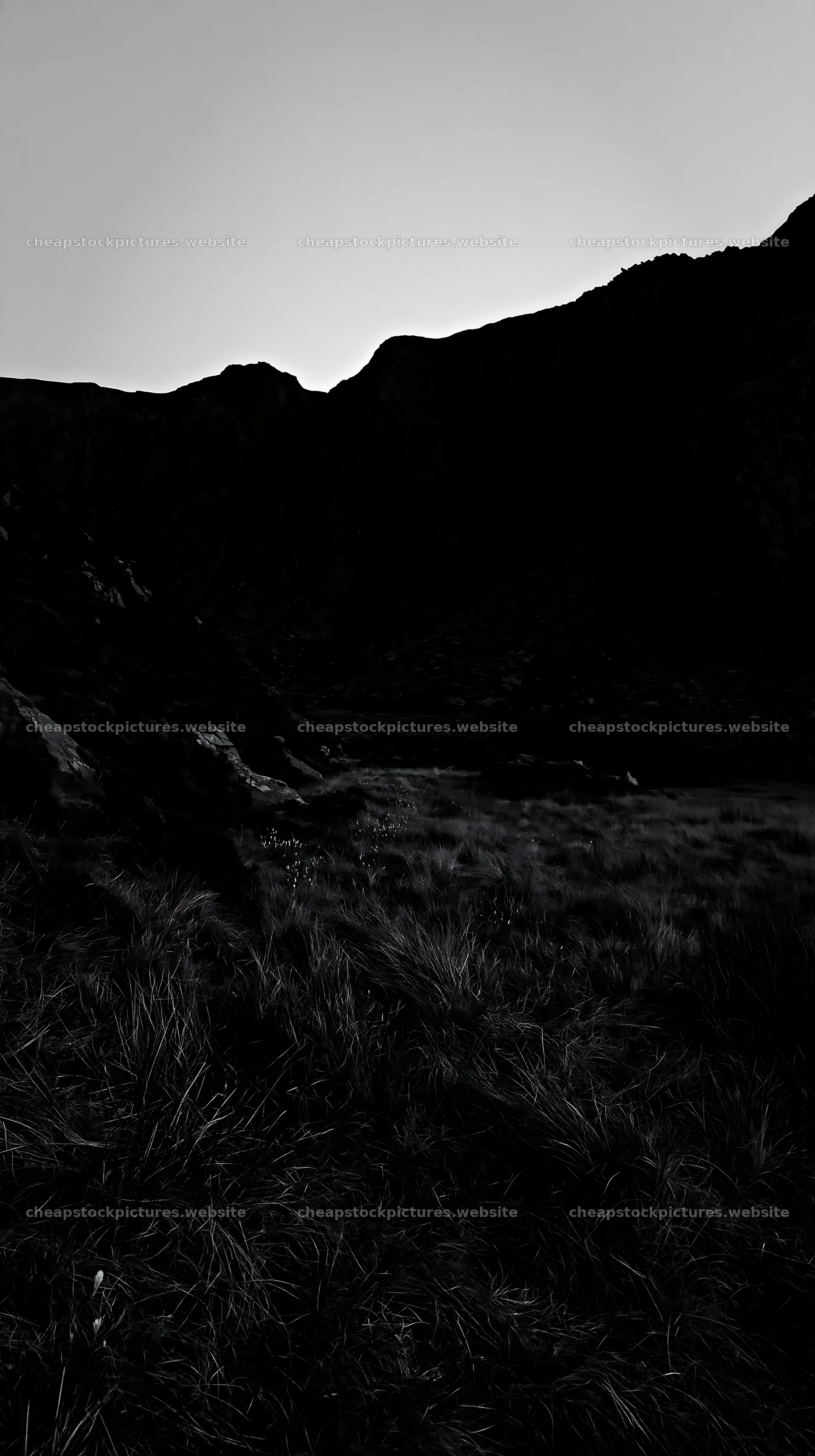 Meadow beneath crags at dusk with dark silhouettes – stock pictures 5938x10608