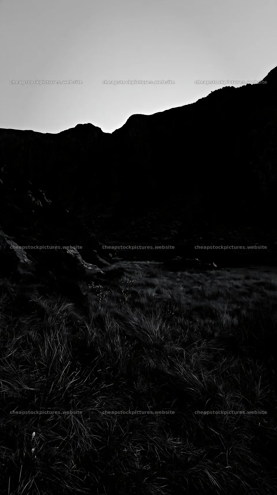 Meadow beneath crags at dusk with dark silhouettes – stock pictures 5938x10608