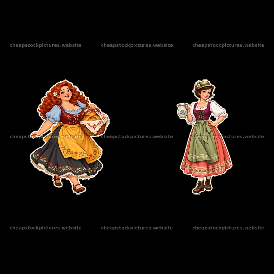 Women in traditional folk dress with basket and mug – stock pictures 7746x7746