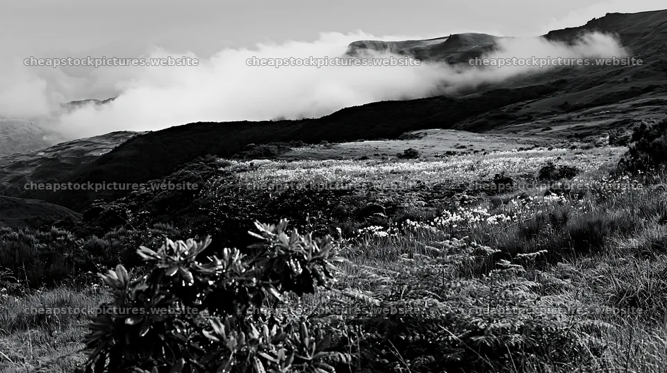 Dewy meadow with clouds and hills in the background – stock pictures 10608x5938