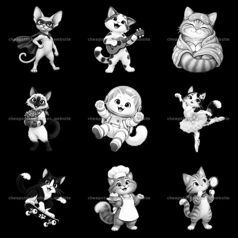 Cartoon cats in various activities with fun expressions in a grid – stock pictures 7746x7746
