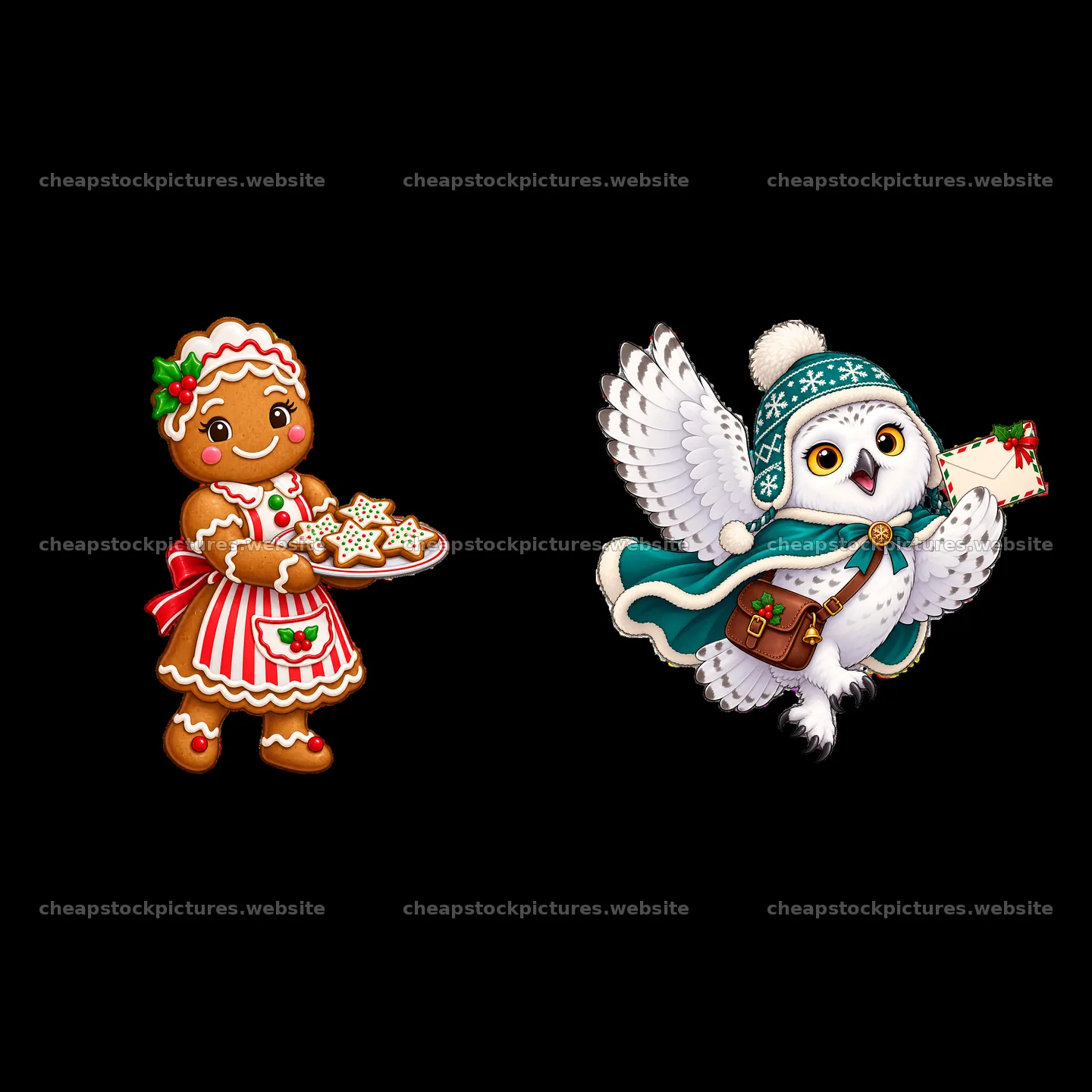 Gingerbread girl with cookies and snowy owl delivering a letter – stock pictures 7746x7746