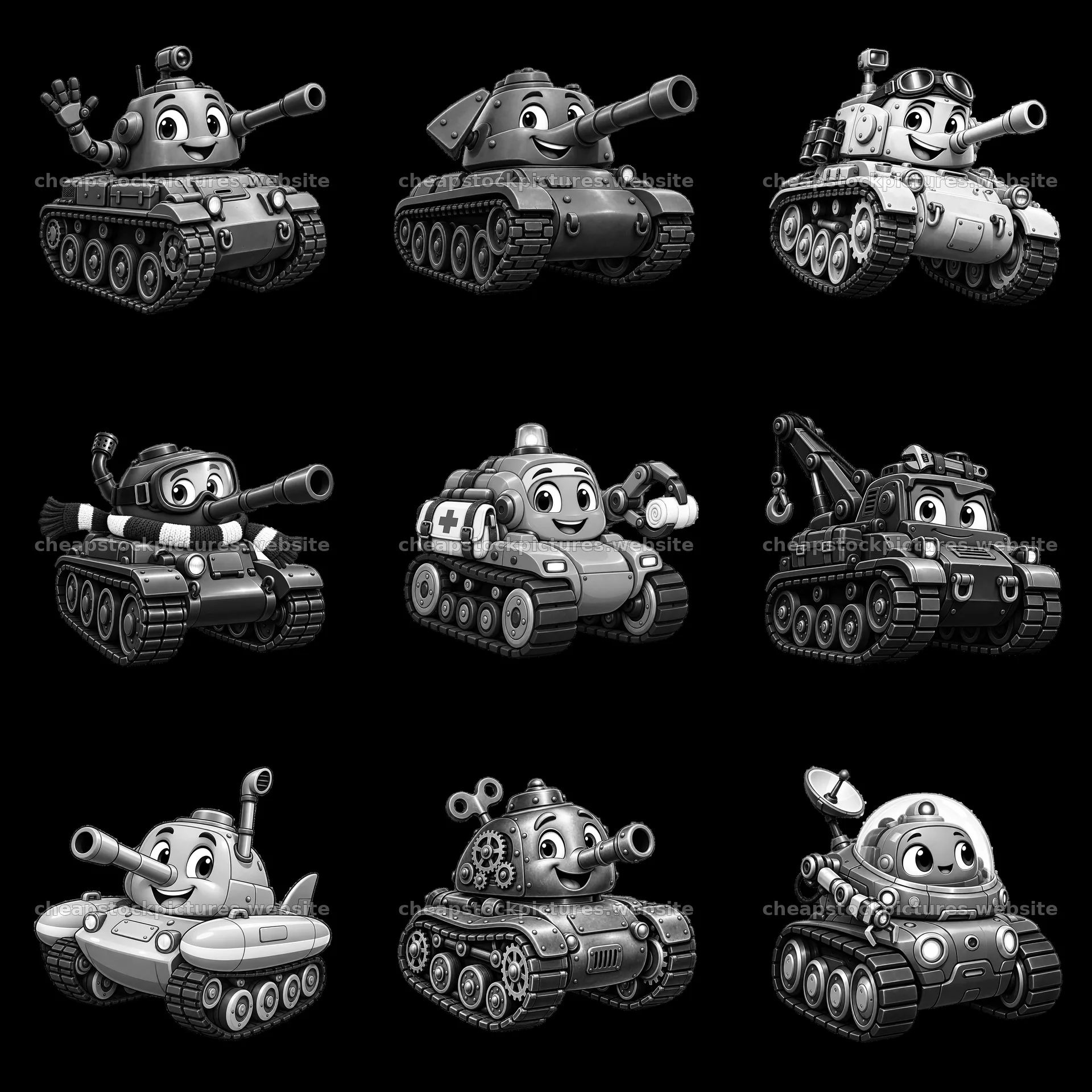 Cartoon tanks with characters in a 3x3 grid layout – stock pictures 7746x7746