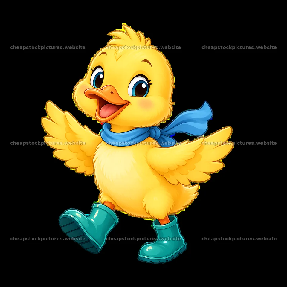 Yellow duckling wearing blue scarf and green boots – stock pictures 7746x7746