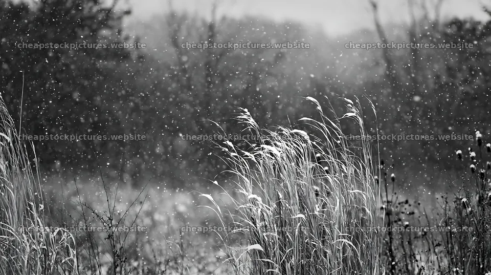Tall grass meadow during snowfall in black and white – stock pictures 10608x5938
