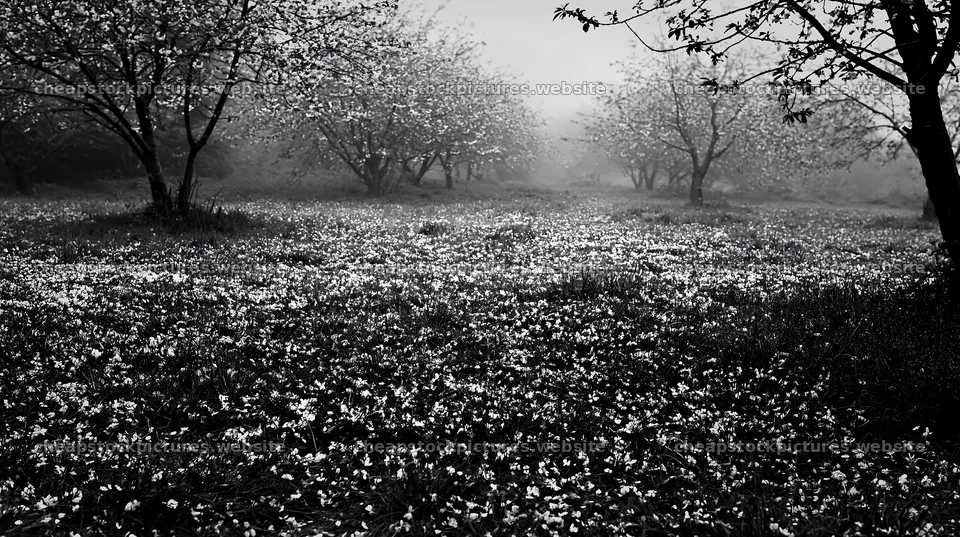 Foggy orchard meadow with trees and flowers – stock pictures 10608x5938