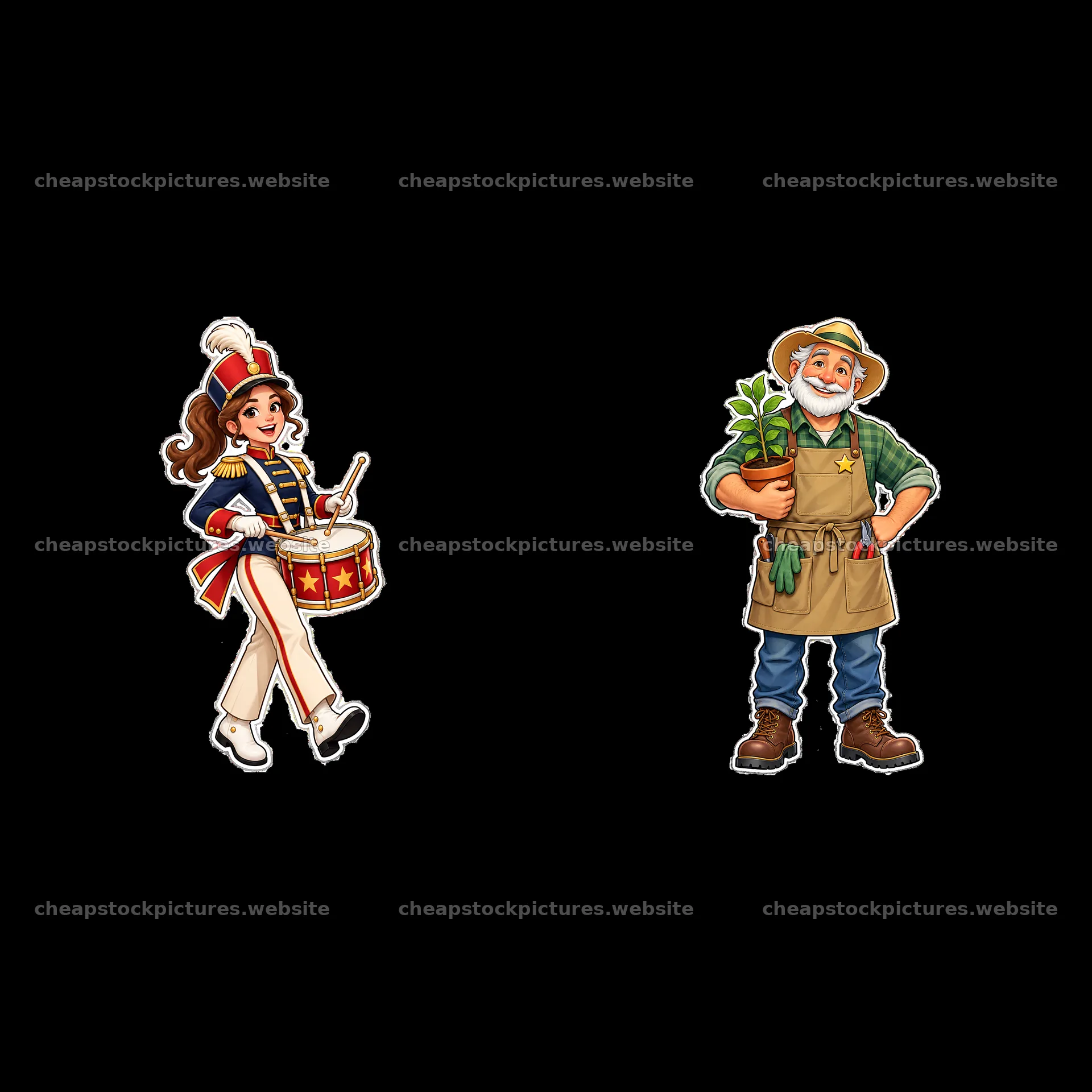 Patriotic girl drummer and gardener character sticker set – stock pictures 7746x7746