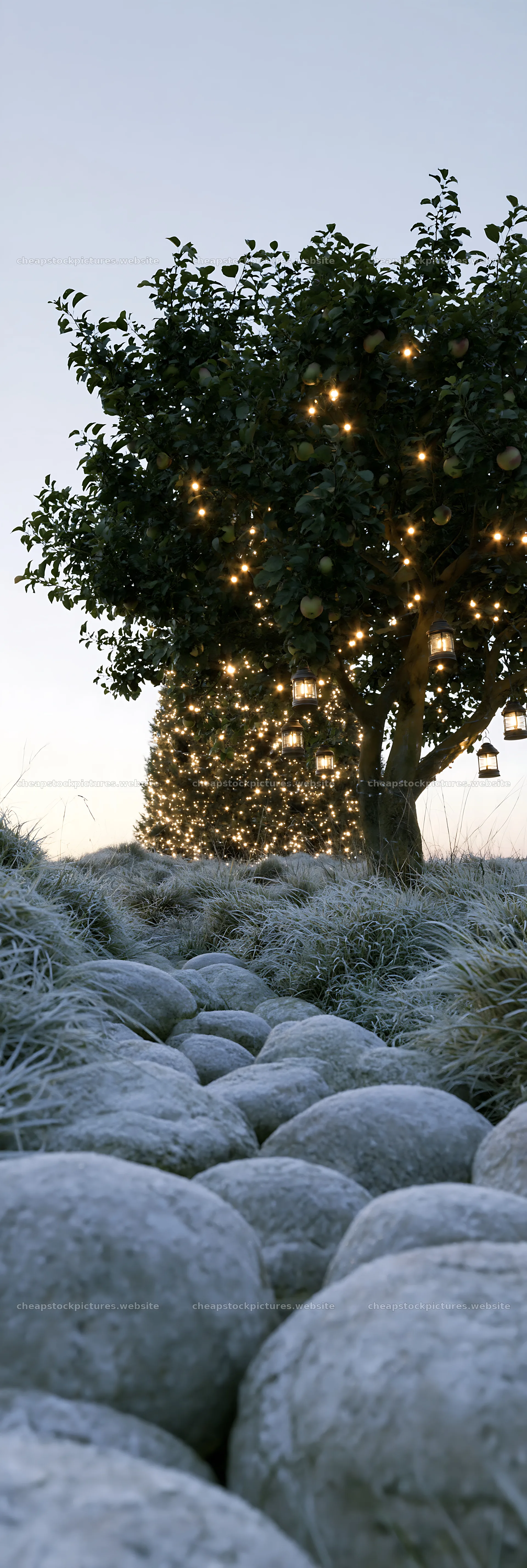 Frosted stones and apple tree with lanterns during Christmas – stock pictures 4602x13690