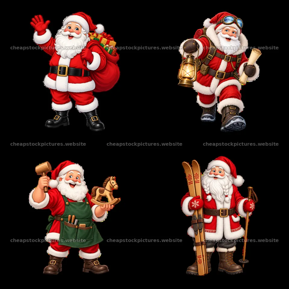 Santa Claus characters in a 2x2 grid with various activities – stock pictures 7746x7746