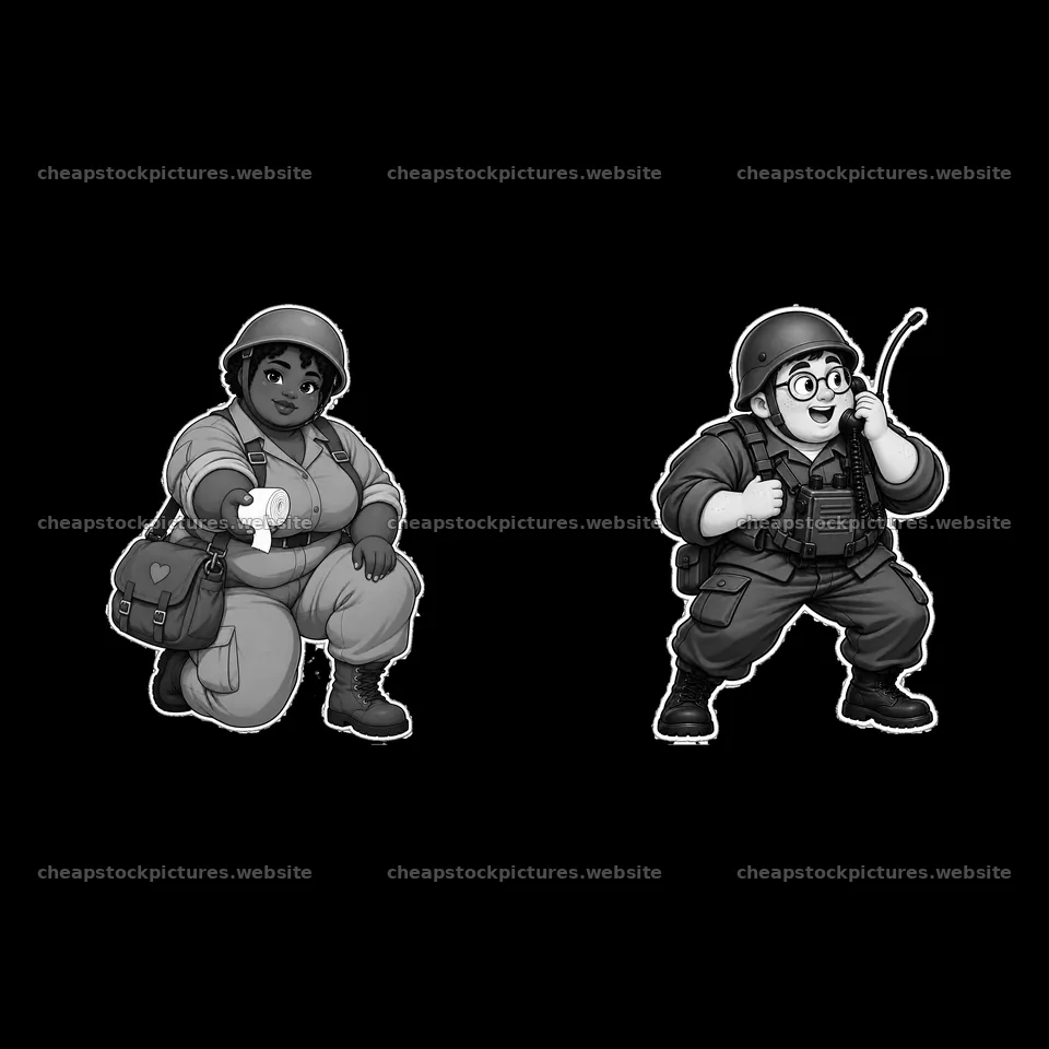 Cute ultra-chubby soldier duo with accessories in black-and-white – stock pictures 7746x7746
