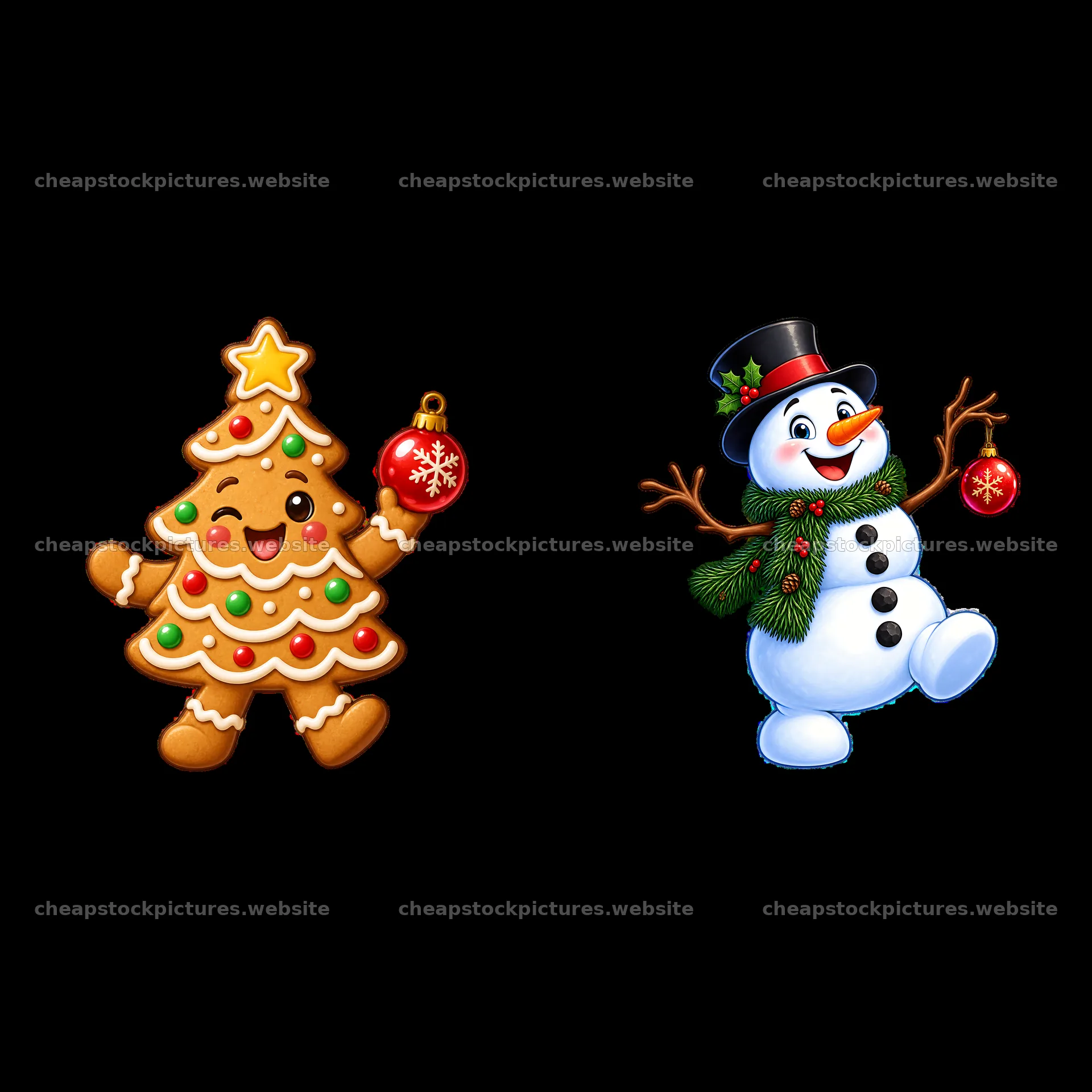 Happy snowman and smiling Christmas tree cartoon sticker pair – stock pictures 7746x7746
