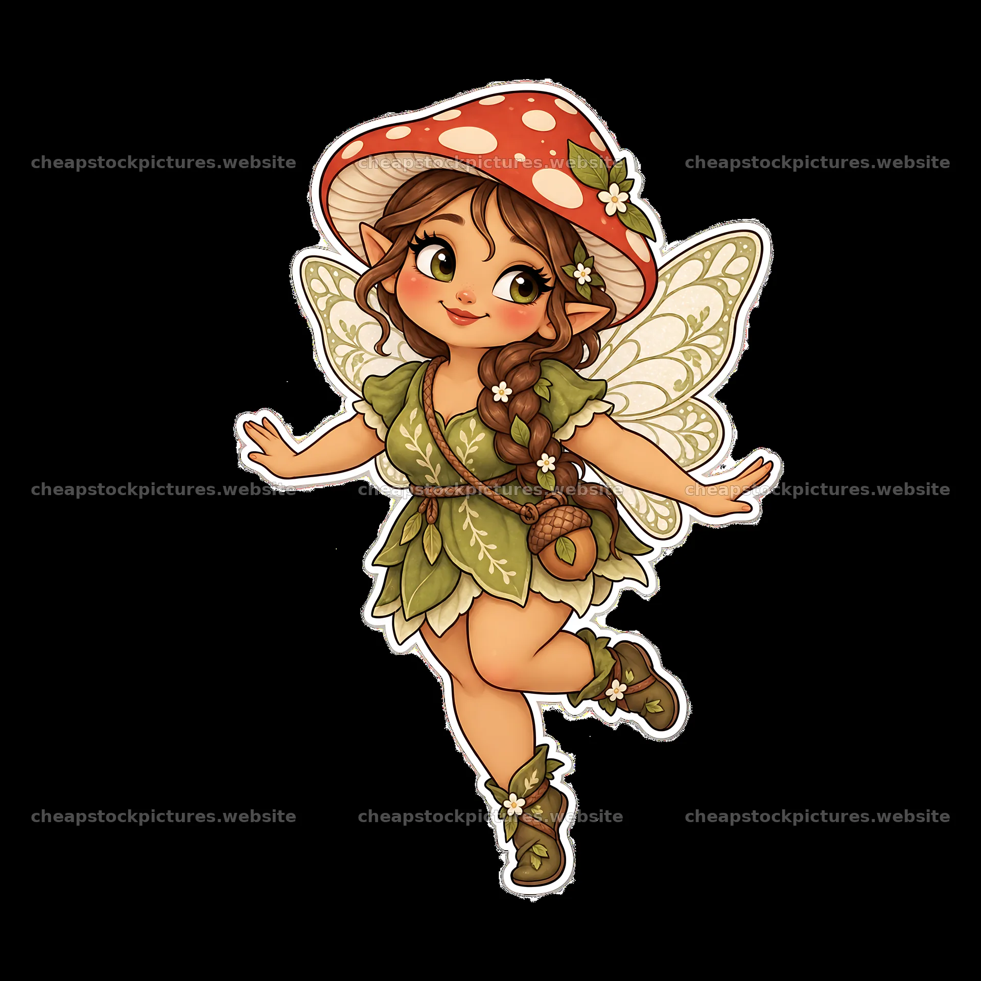 Kawaii chubby fairy with mushroom hat and leafy outfit – stock pictures 7746x7746