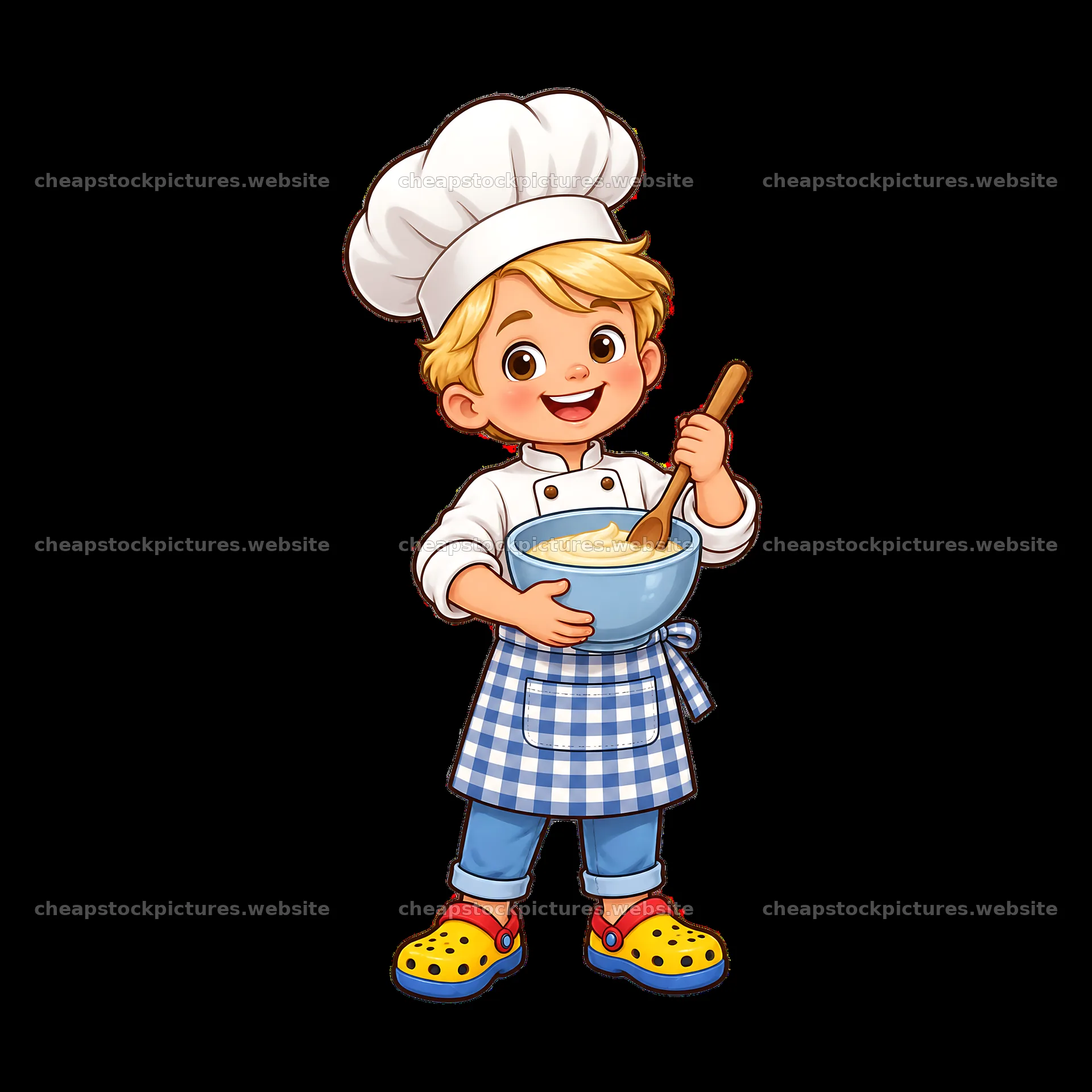 Blond child chef mixing ingredients with a blue bowl – stock pictures 7746x7746