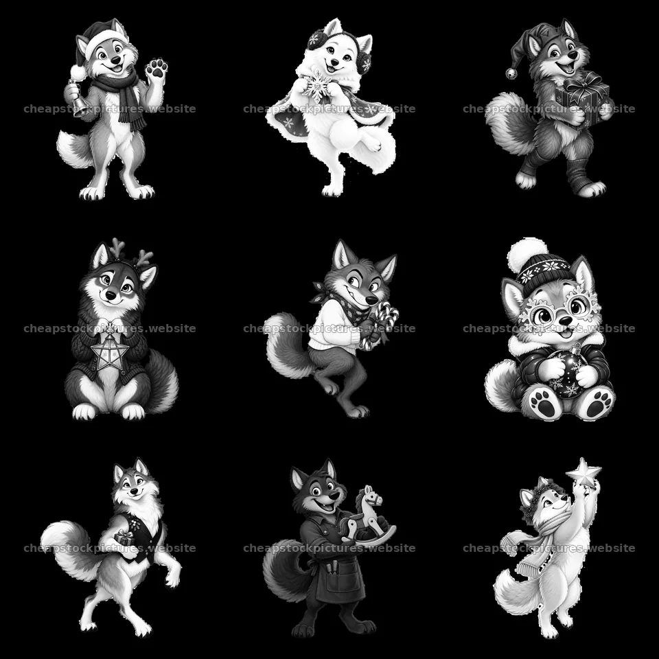 Cartoon wolves celebrating Christmas in a 3x3 grid layout – stock pictures 7746x7746
